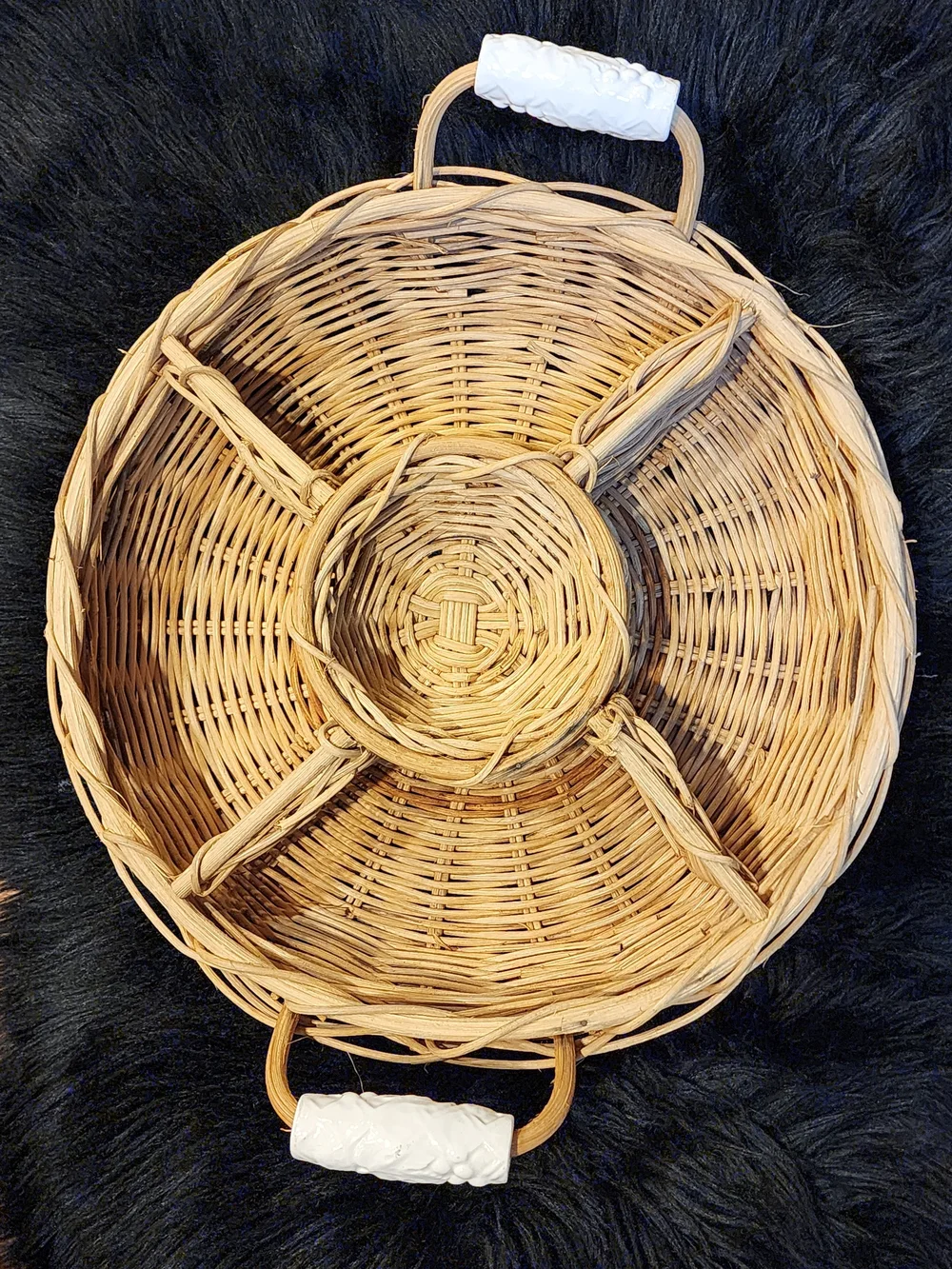 Woven Rattan Divided Serving Basket with White Ceramic Handles